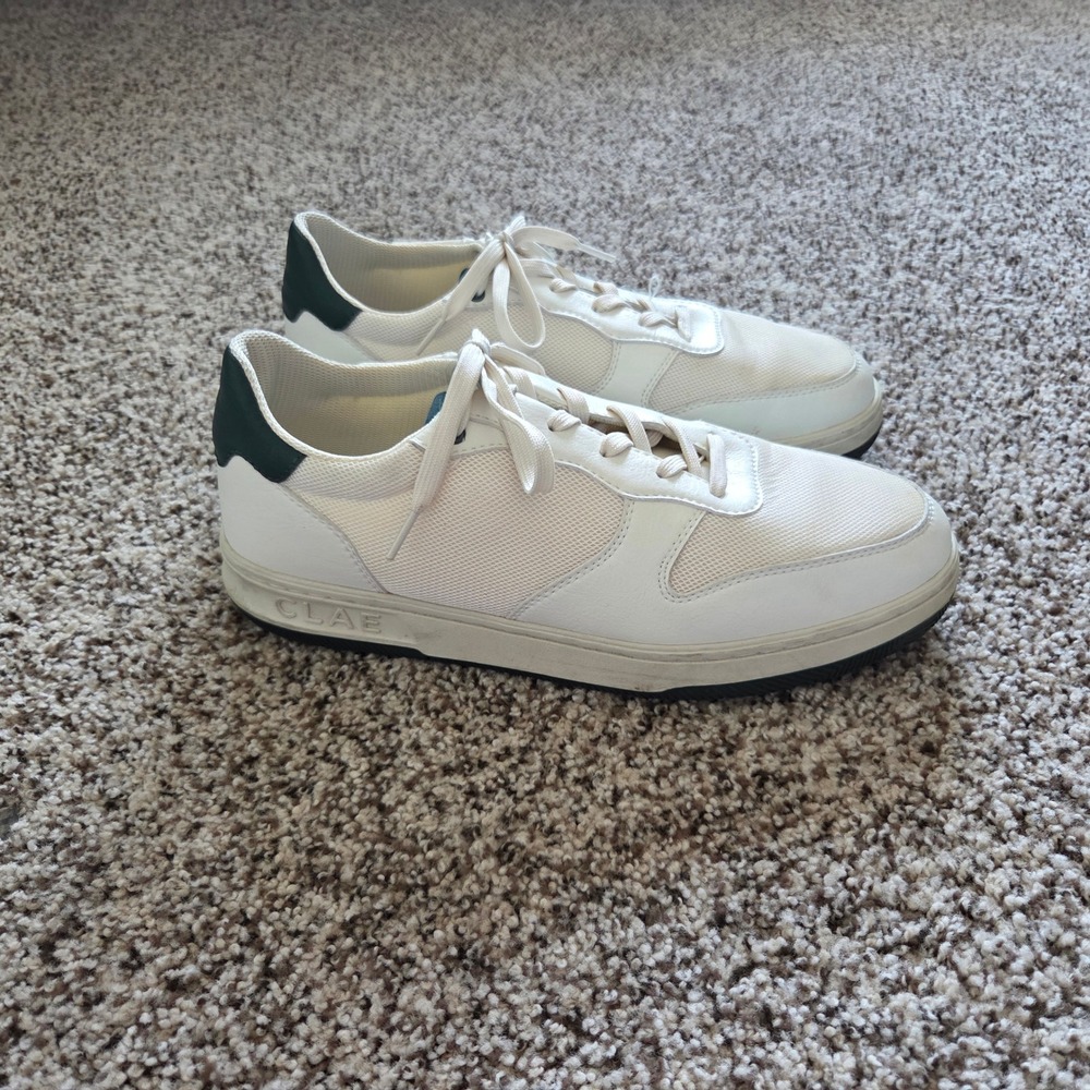 Clae Shoes Mens 10.5 Malone Vuori White Green Leather Mesh Casual Court Sneaker